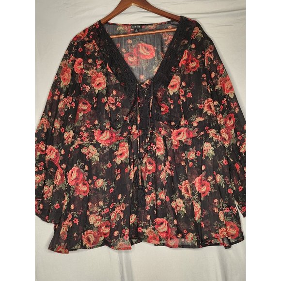 Torrid Black Floral Shimmer Chiffon Long Bell Sleeve Babydoll Plus Size Large 2x - Picture 1 of 10